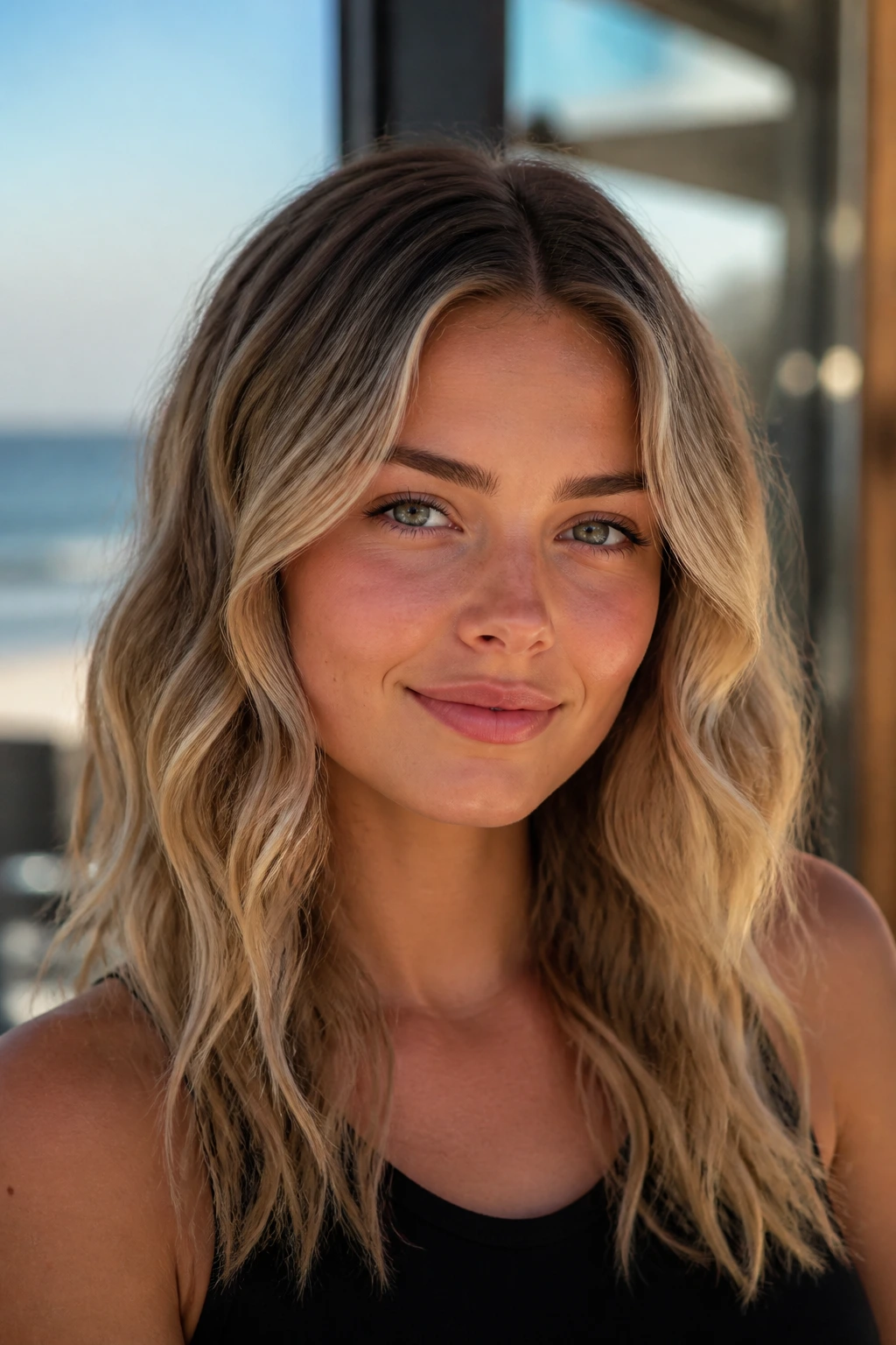 Close-up portrait of a real woman with center-parted beach waves starting at ear level