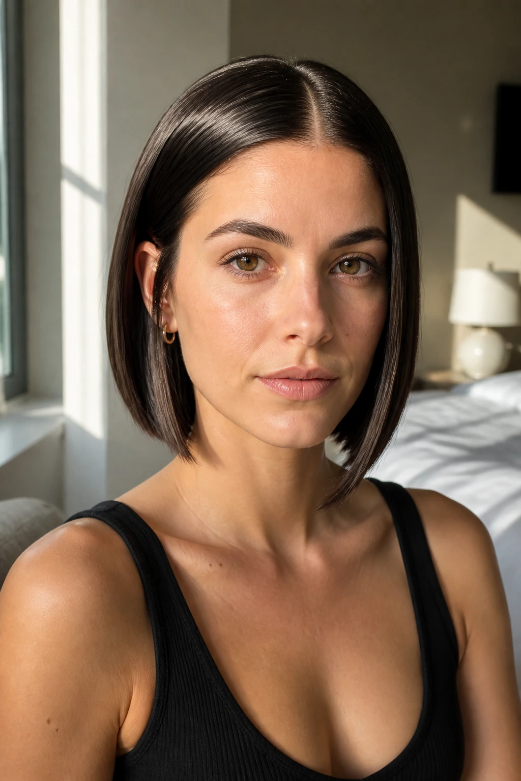 Close-up of a real woman with a sleek center-parted angled bob in natural light