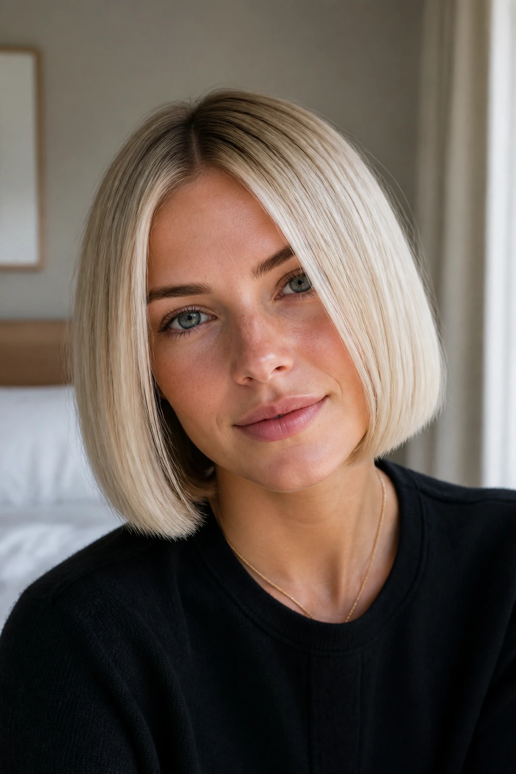 Close-up of a real woman with a crisp center-parted blonde bob in natural light