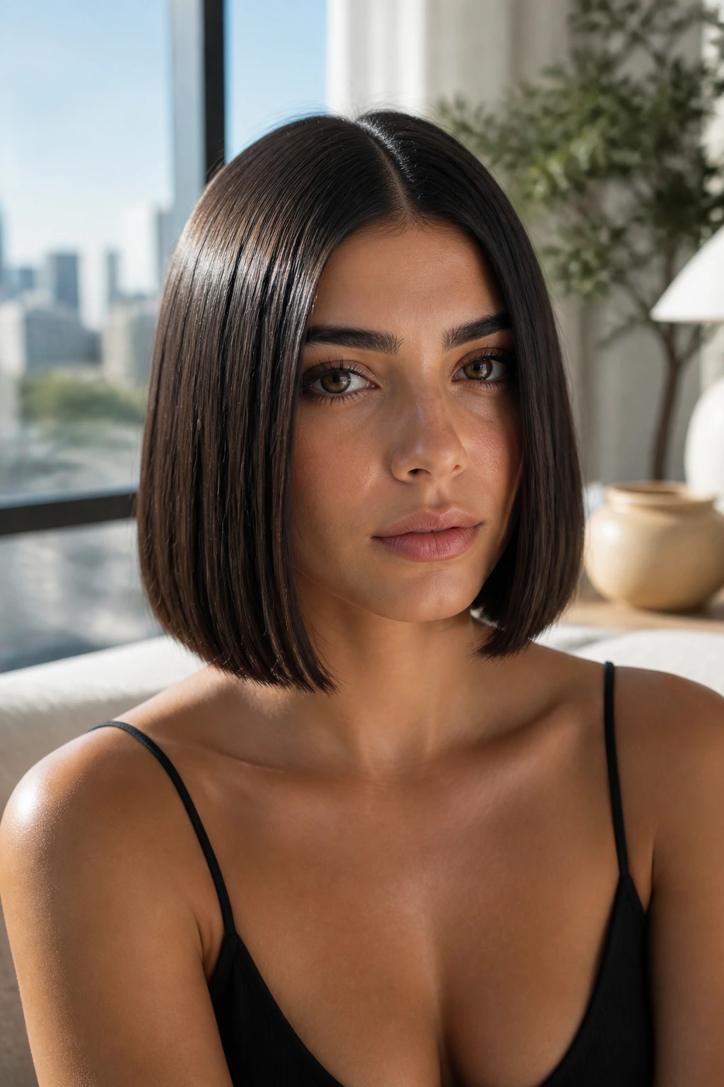 Close-up of a woman with a sleek center-parted blunt bob under natural window light.