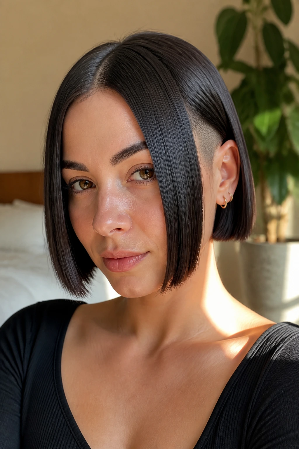 Close-up of The Sleek Center-Parted Shaved Bob on a real woman with center part and shaved behind ears