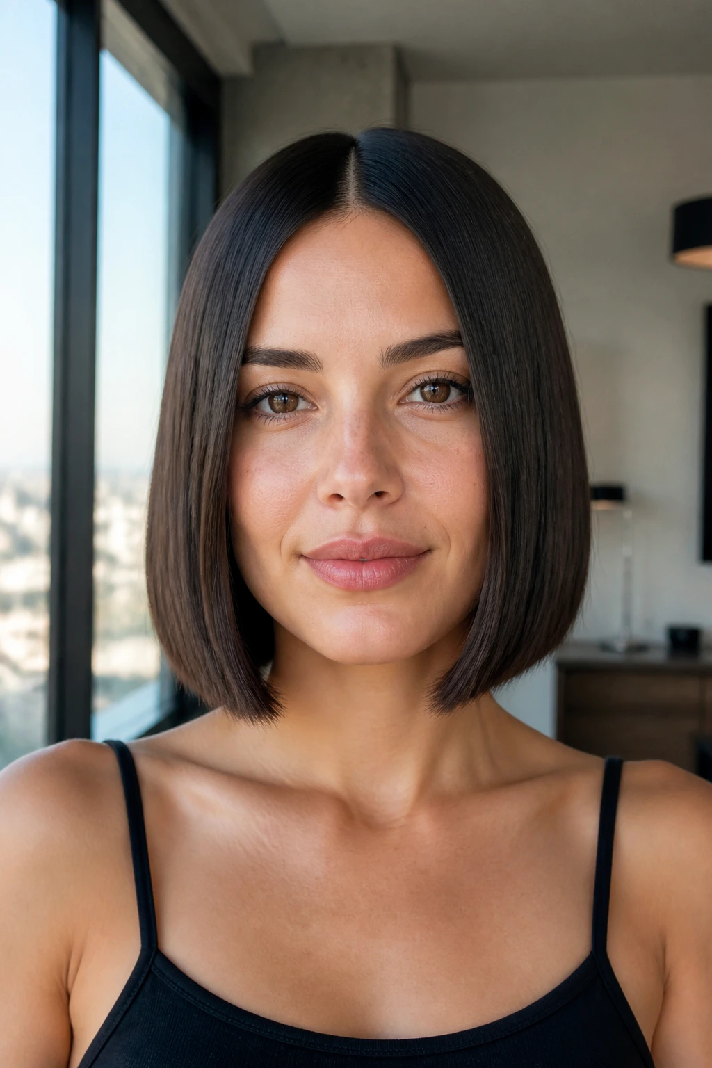 Close-up of sleek center-parted bob on real woman in window light
