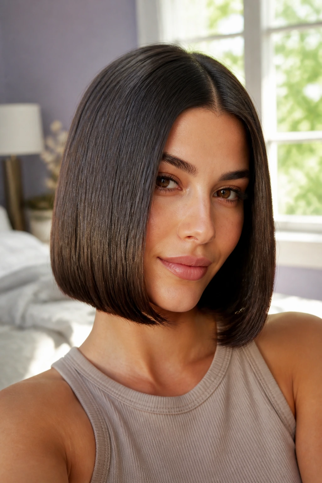 Close-up of a woman with a sleek center-parted bob in natural window light.