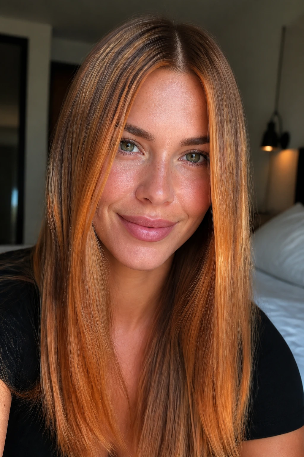 Close-up of a real woman with center-parted glass hair and subtle orange highlights