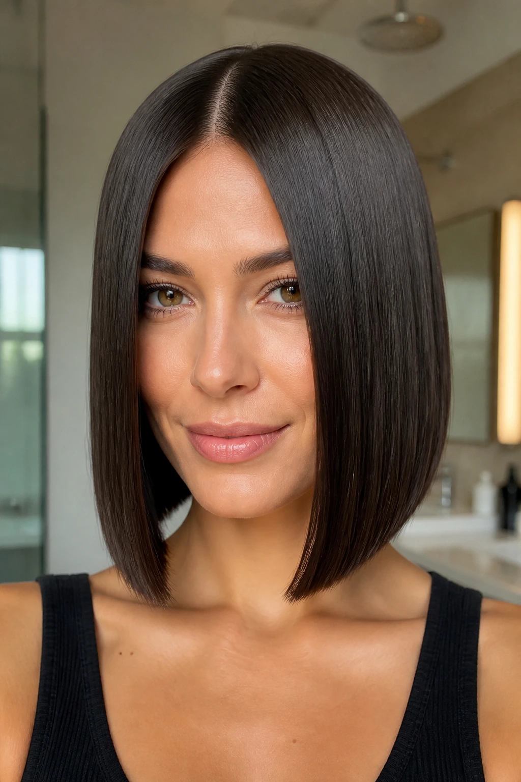 Close-up portrait of a real woman with a sleek center-parted A-line and glossy hair