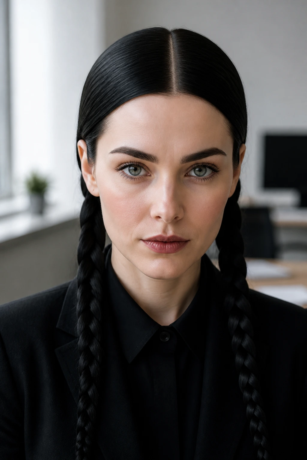 Close-up portrait of a real woman with a center-parted plait and two braids