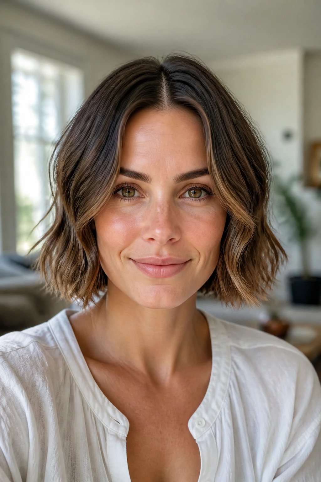 Close-up portrait of a real woman with a center-parted wavy bob
