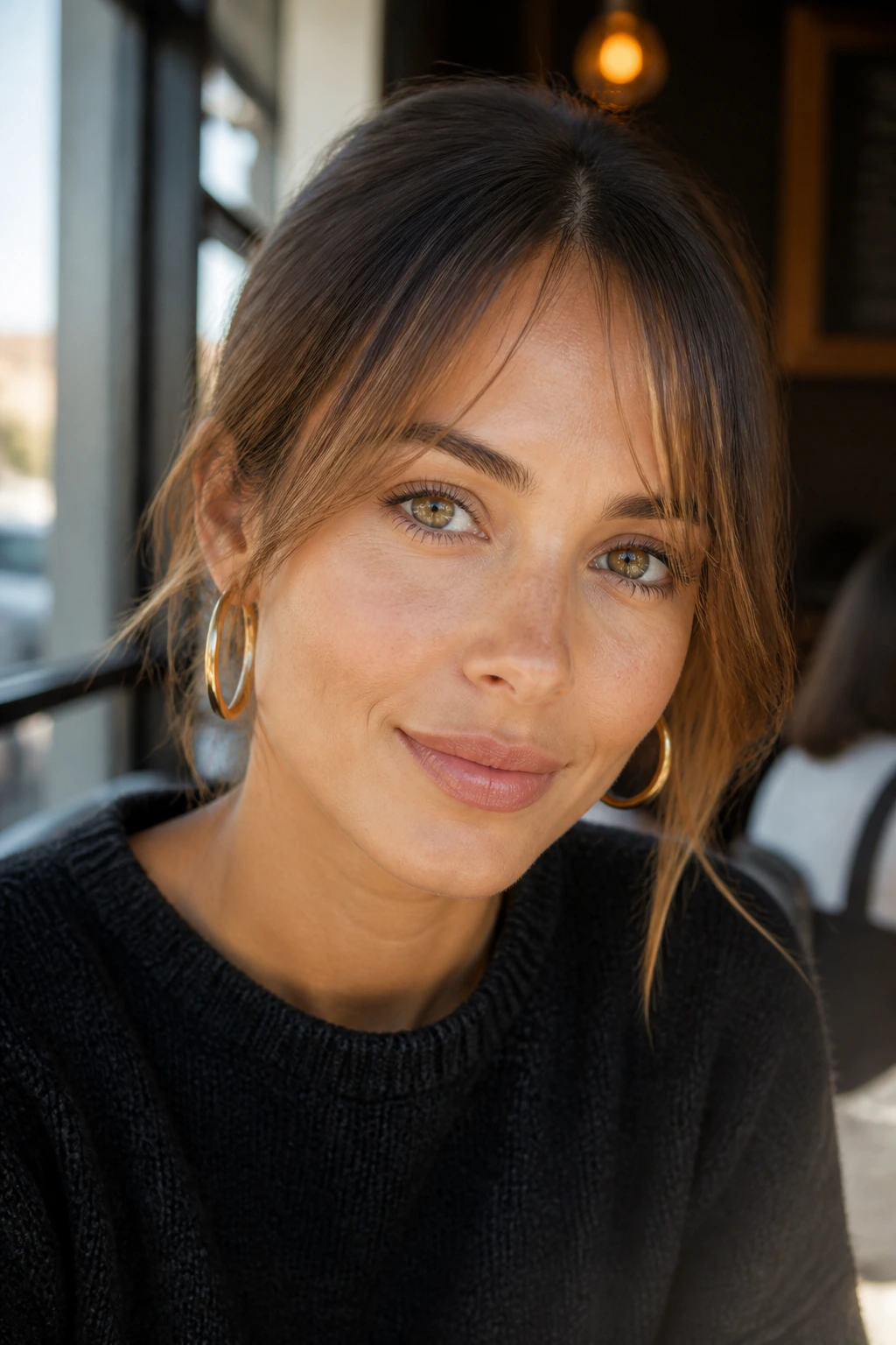 Close-up portrait of a real woman with center-parted wispy bangs near a cafe window
