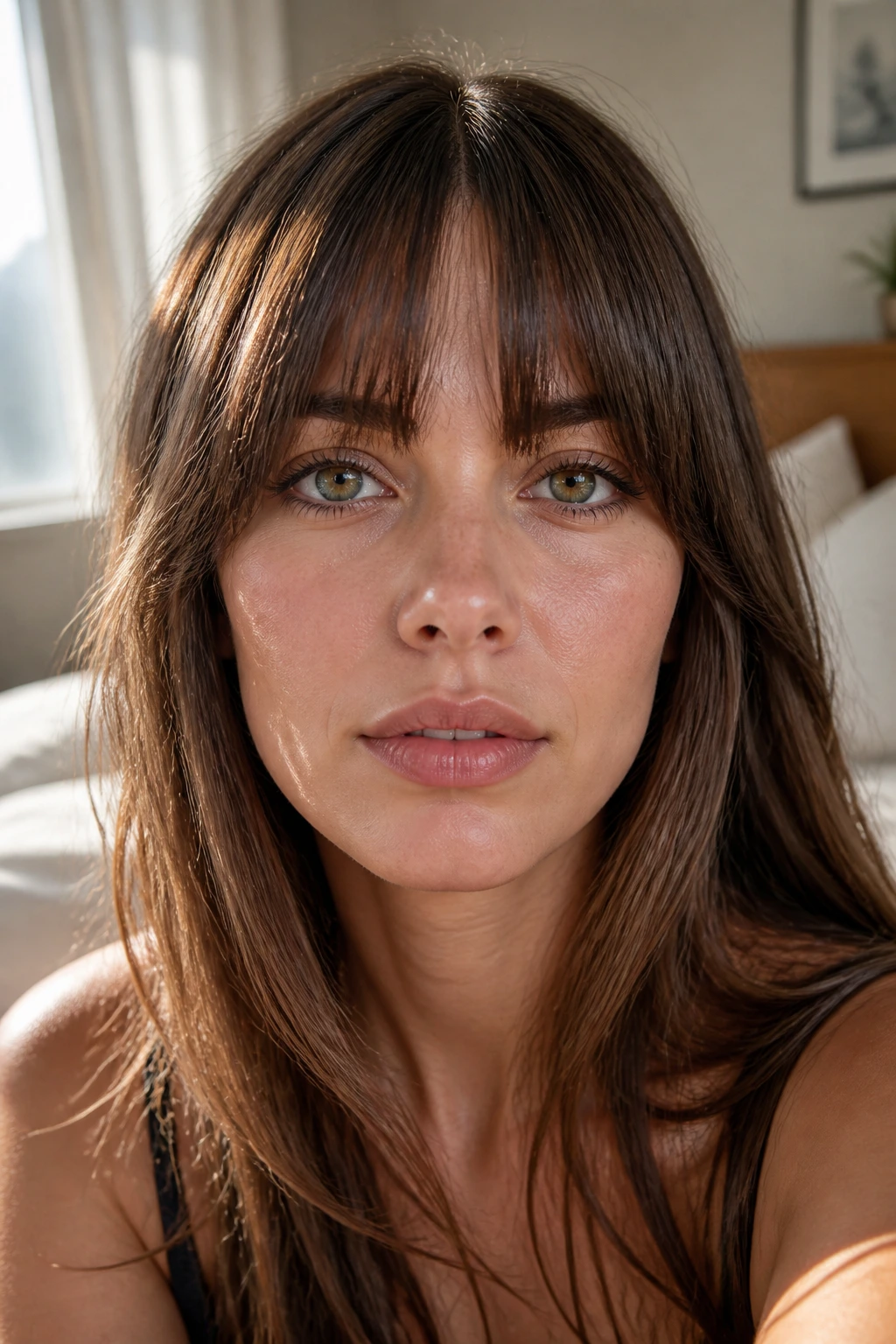 Close-up of a real woman with a straight-across fringe featuring a tiny center split.