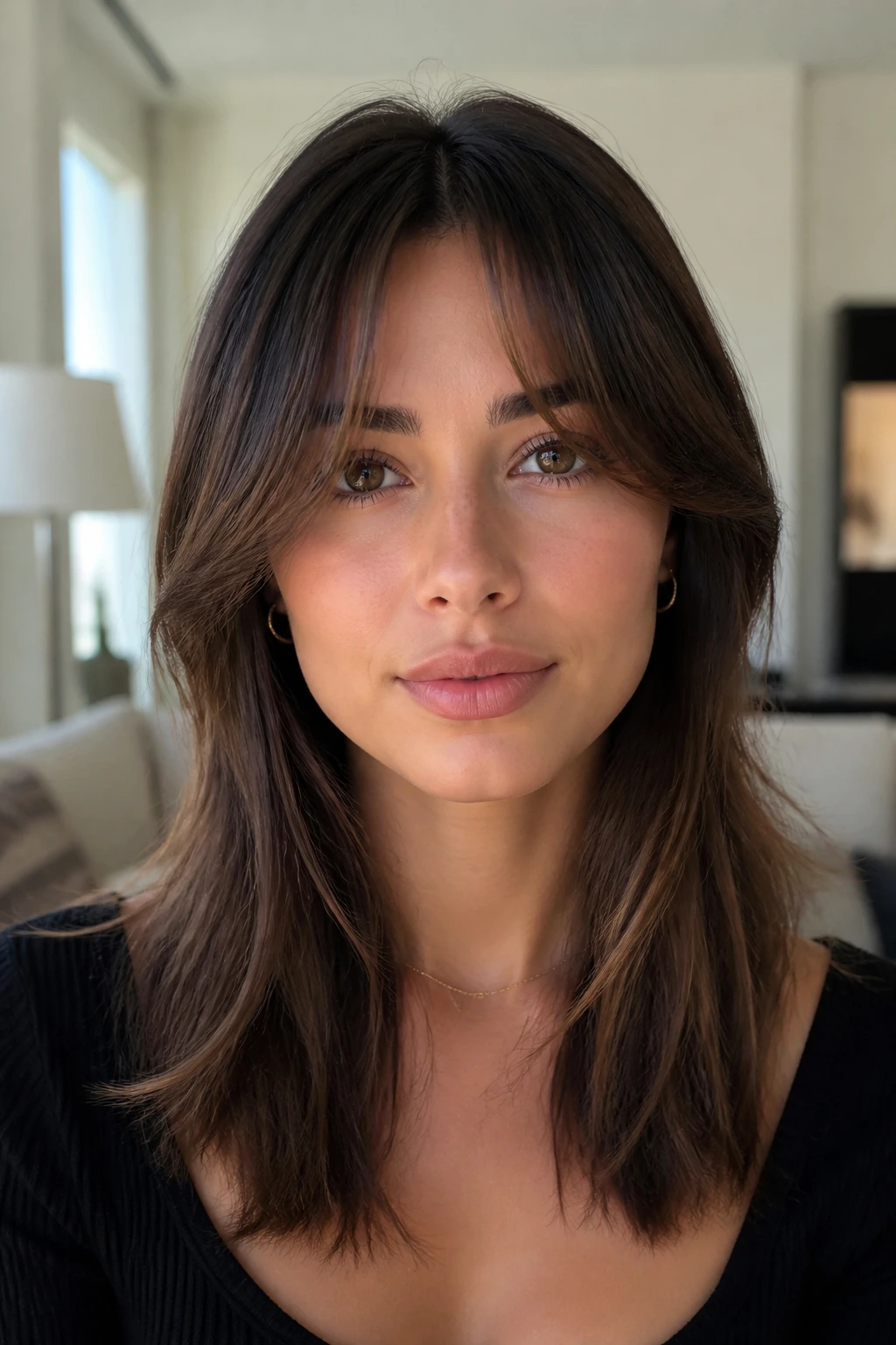 Close-up portrait with a center-split airy fringe framing the forehead