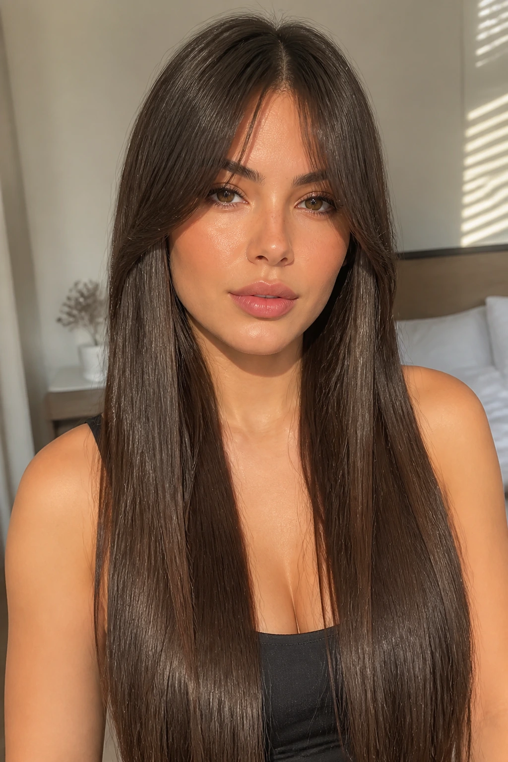 Close-up of a woman with center-split feathered fringe on flat-ironed waist-length hair.