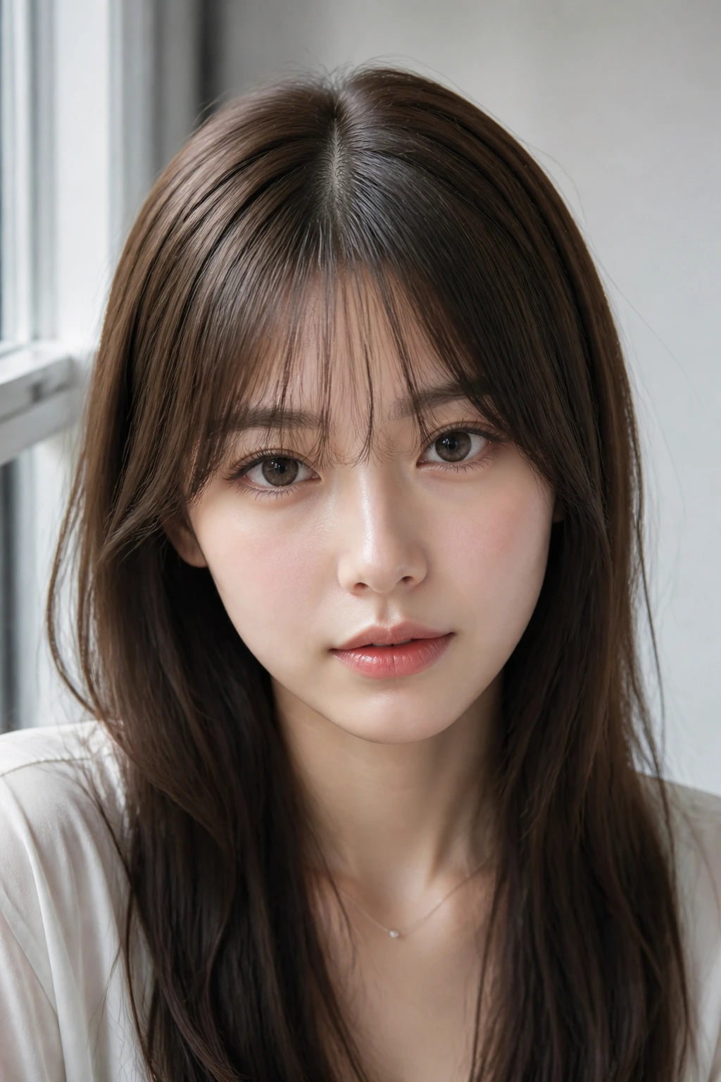 Close-up portrait of a woman with center-split wispy fringe