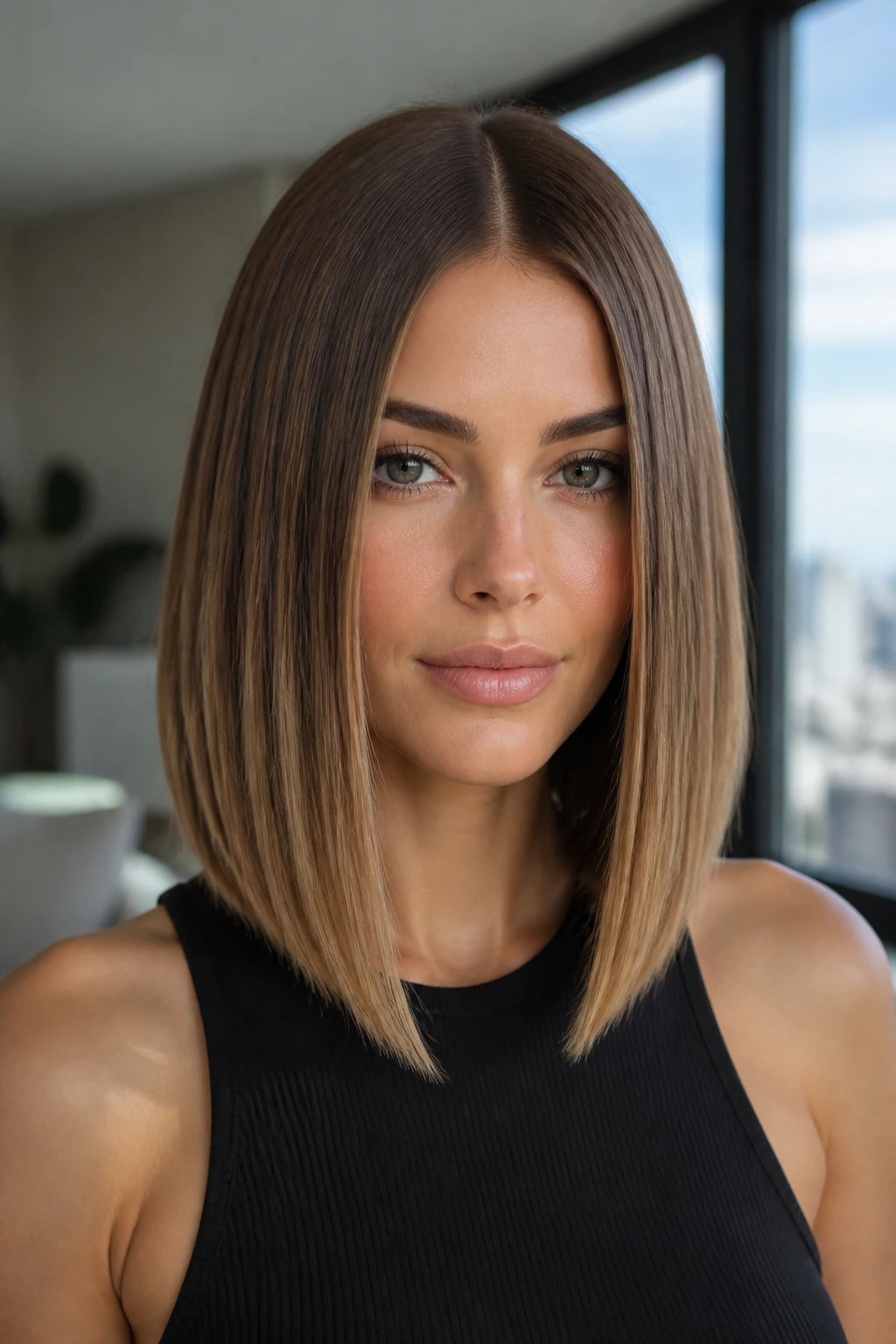 Close-up portrait of a real woman with a sleek center-parted angled lob.
