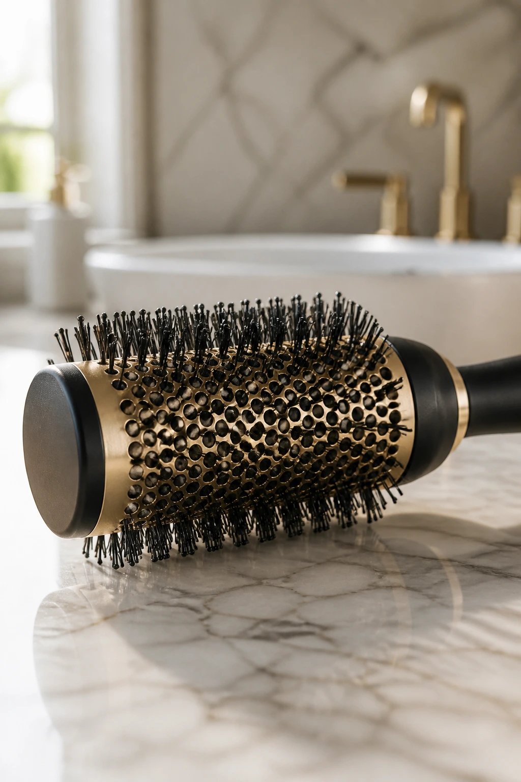 Close-up of a ceramic round brush on a bathroom counter with blurred sink