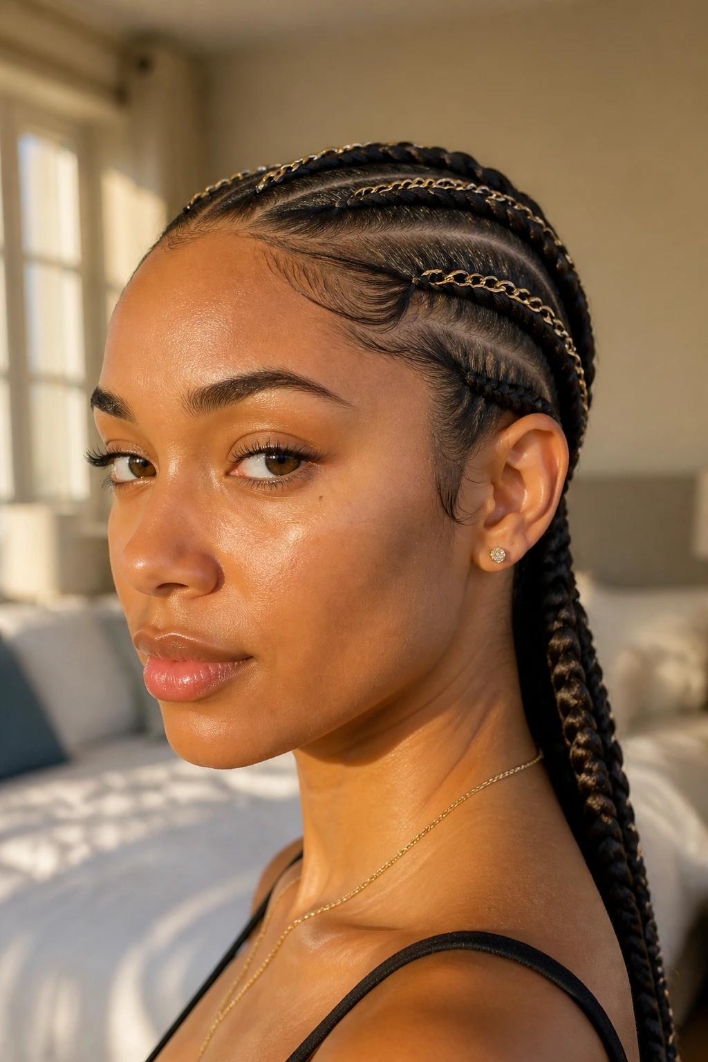 Close-up of chain-link braid with gold chain woven into hair on a real person