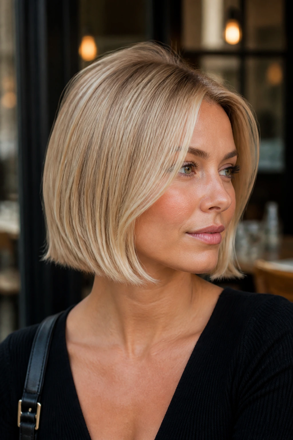 Close-up of a real woman with a sleek champagne blond Italian bob