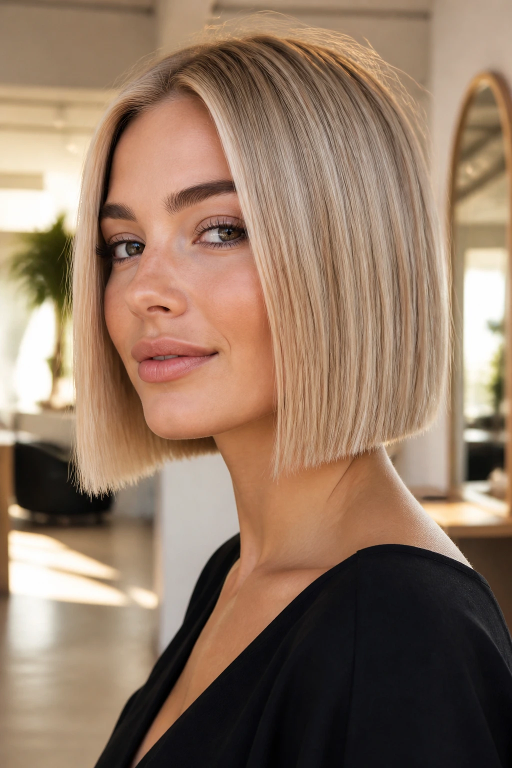 Portrait of a woman with champagne blonde blunt bob in a bright setting