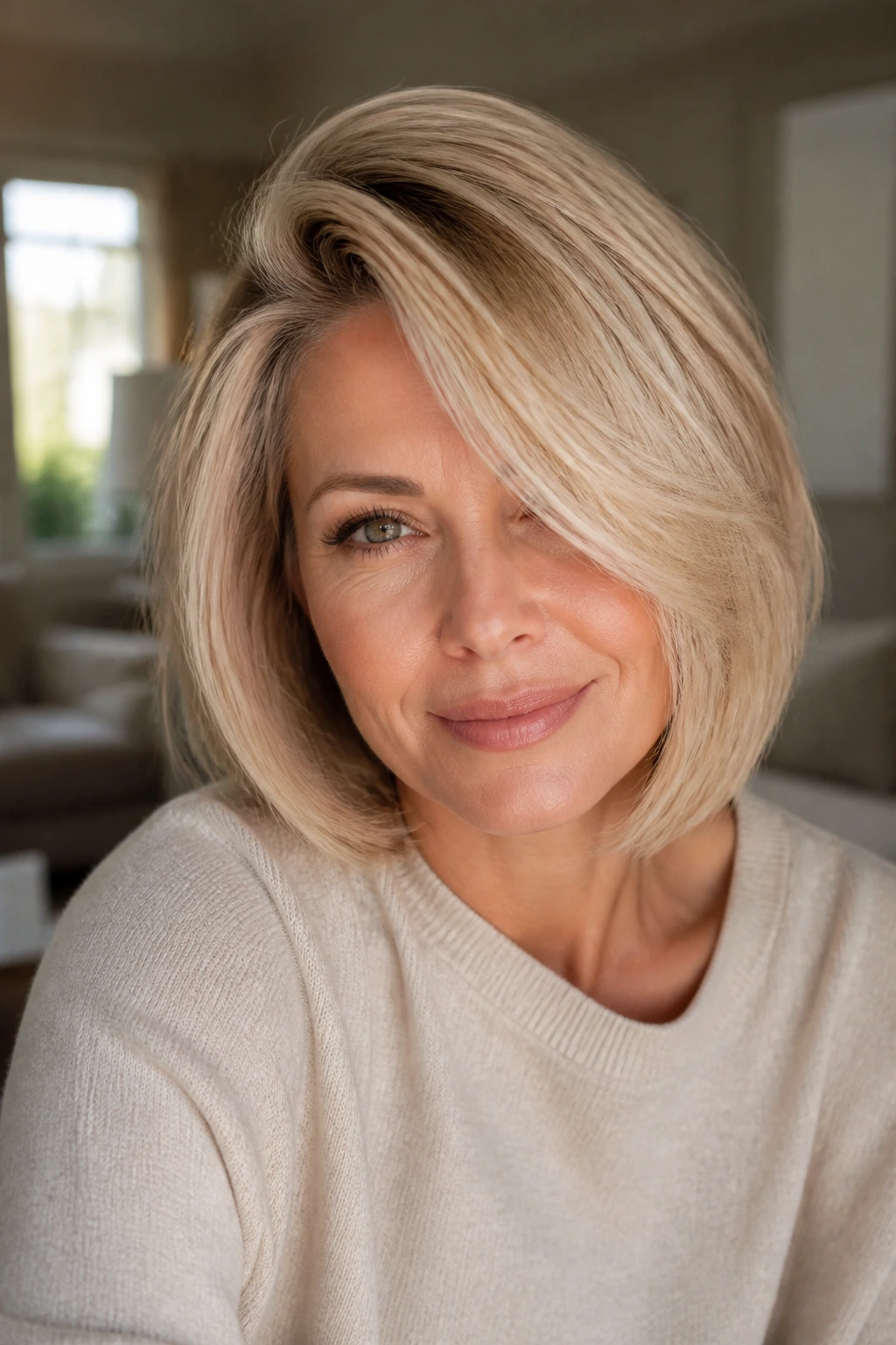 Close-up of a woman with a side-swept champagne blonde bob under warm window light