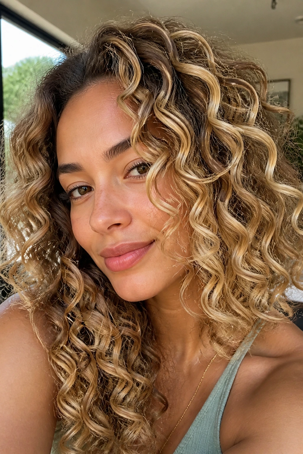 Close-up of real person with champagne blonde ribbon highlights in curls