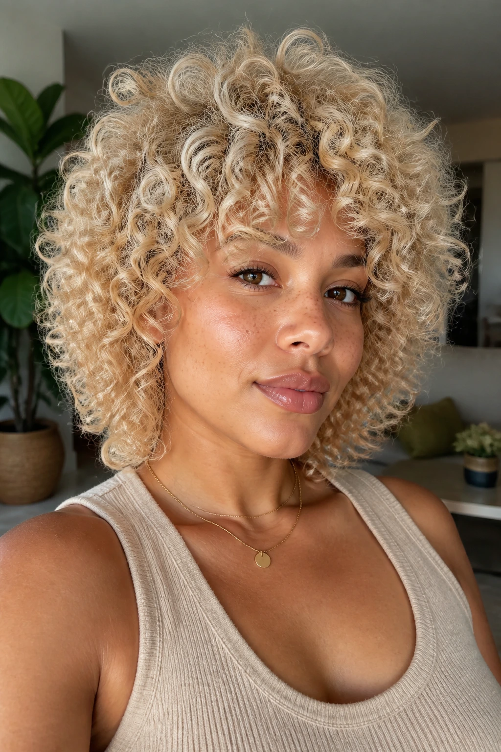 Real woman with curly champagne blonde shag