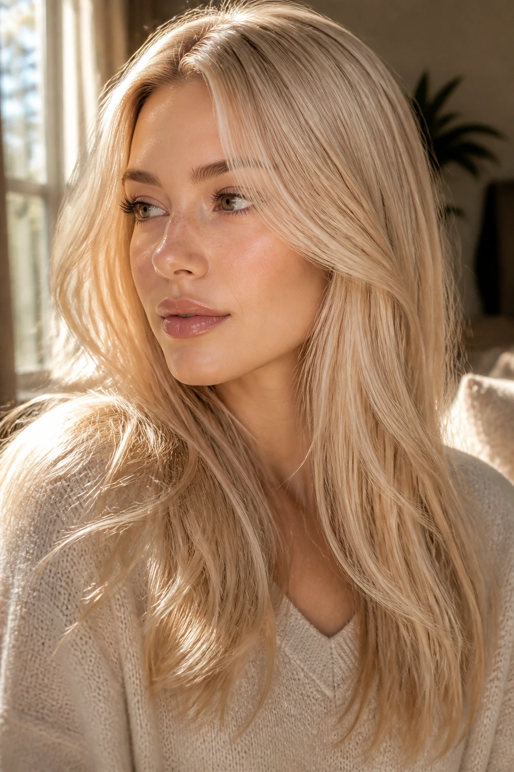 Close-up portrait of a real woman with champagne gold hair in natural window light