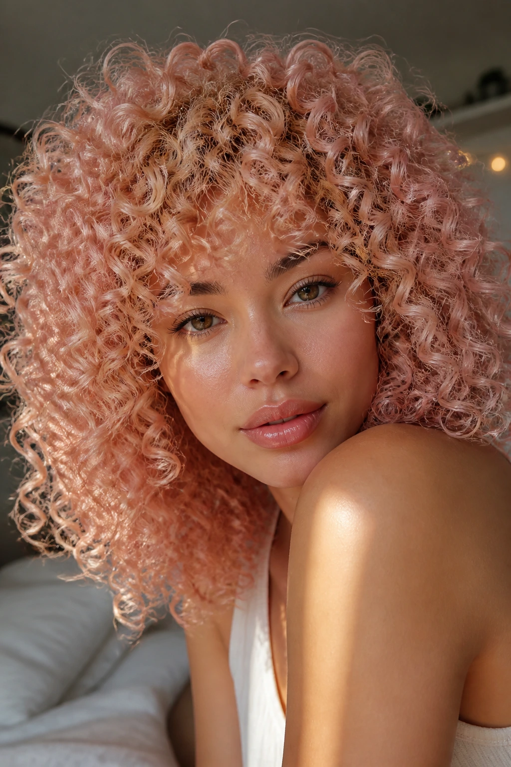 Close-up of a woman with champagne rose bouncy spirals on blonde hair.