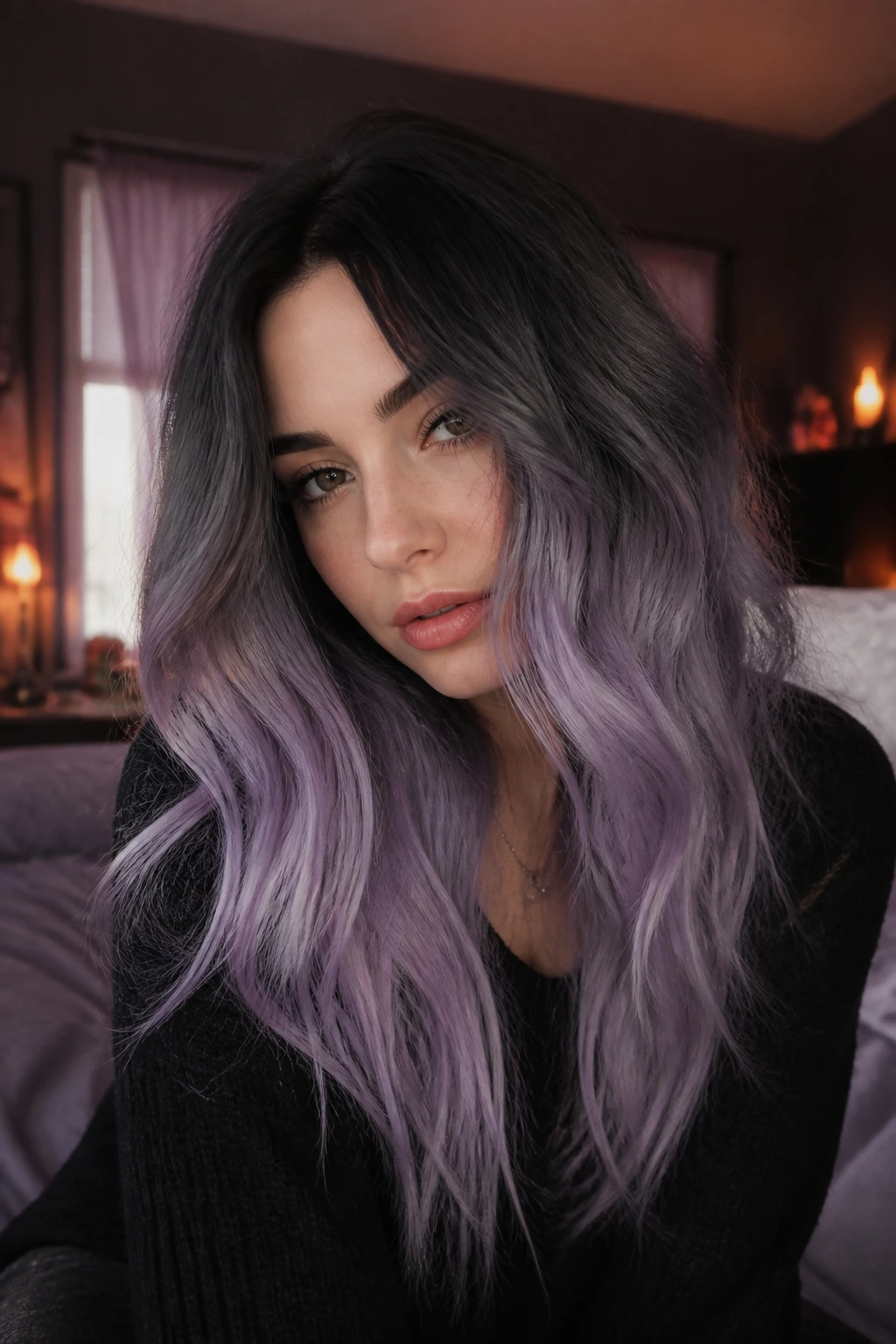Close-up portrait of real person with charcoal to lavender melt in dim bedroom light