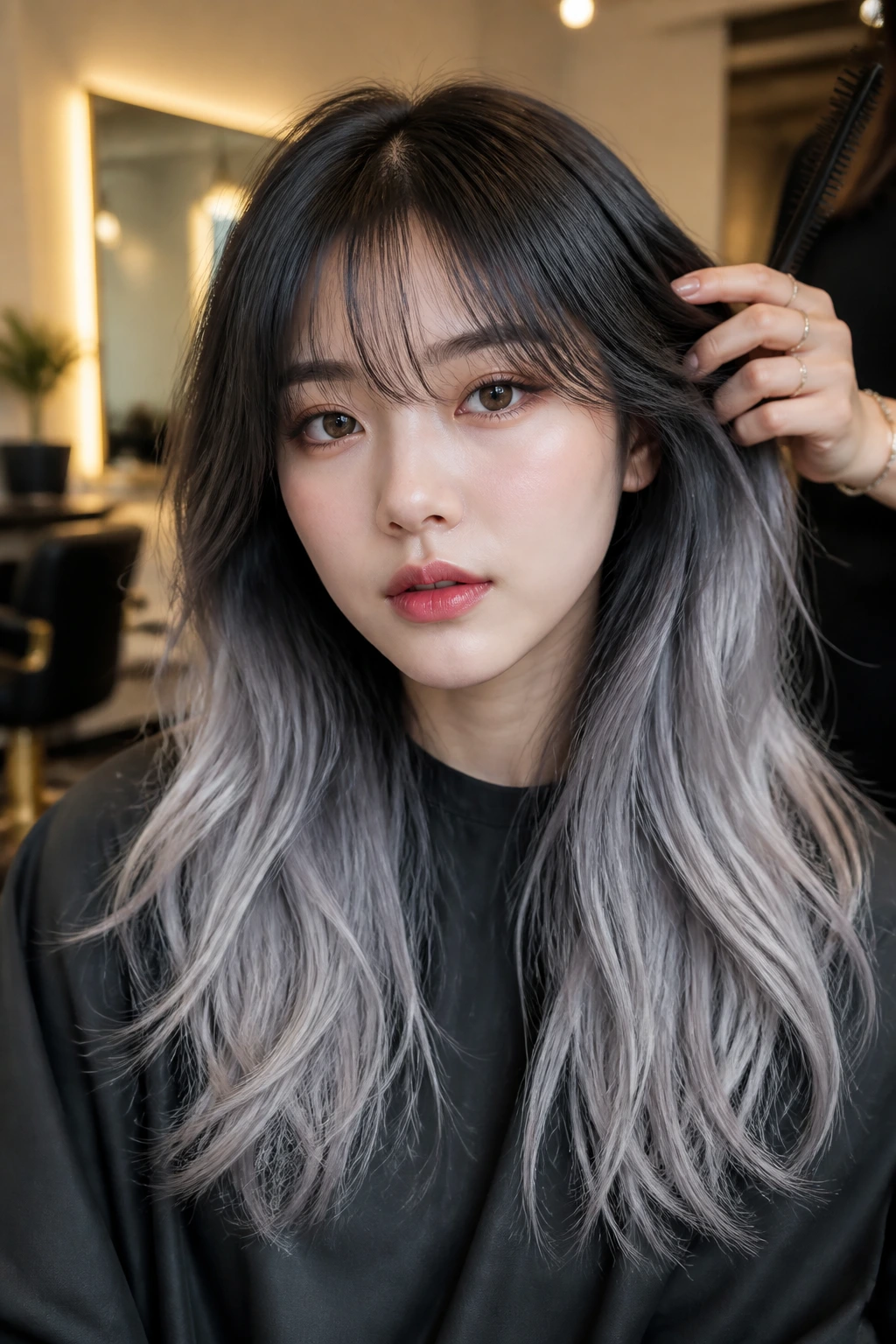 Portrait of a woman with charcoal to silver ombre and wispy air bangs