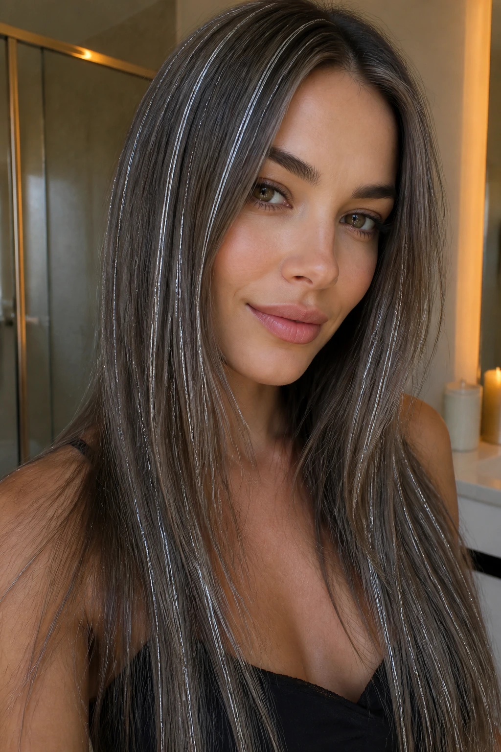 Close-up of a cool-toned brunette with charcoal and silver tinsel in ash-brown hair