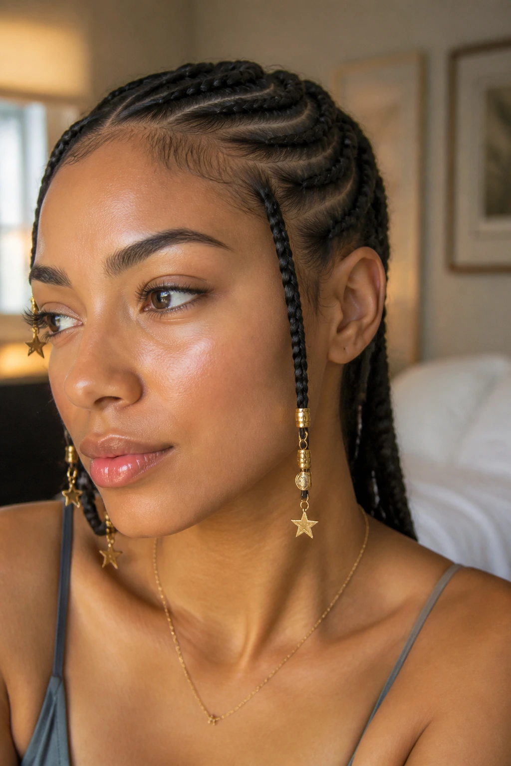 Close-up of a real person's braid ends with small charm beads