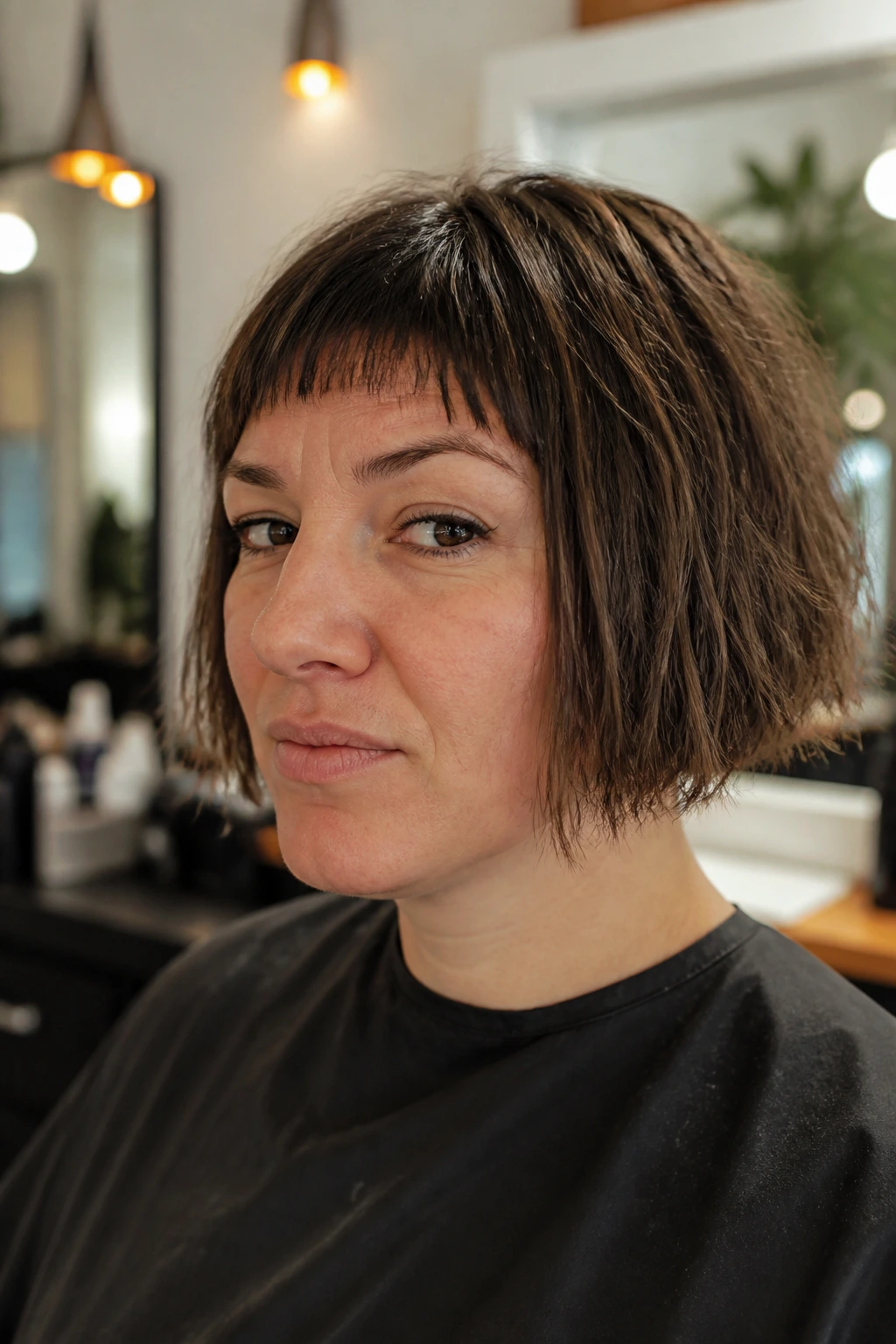 Close-up of a real person with an uneven bob cut, reflecting a poor haircut.