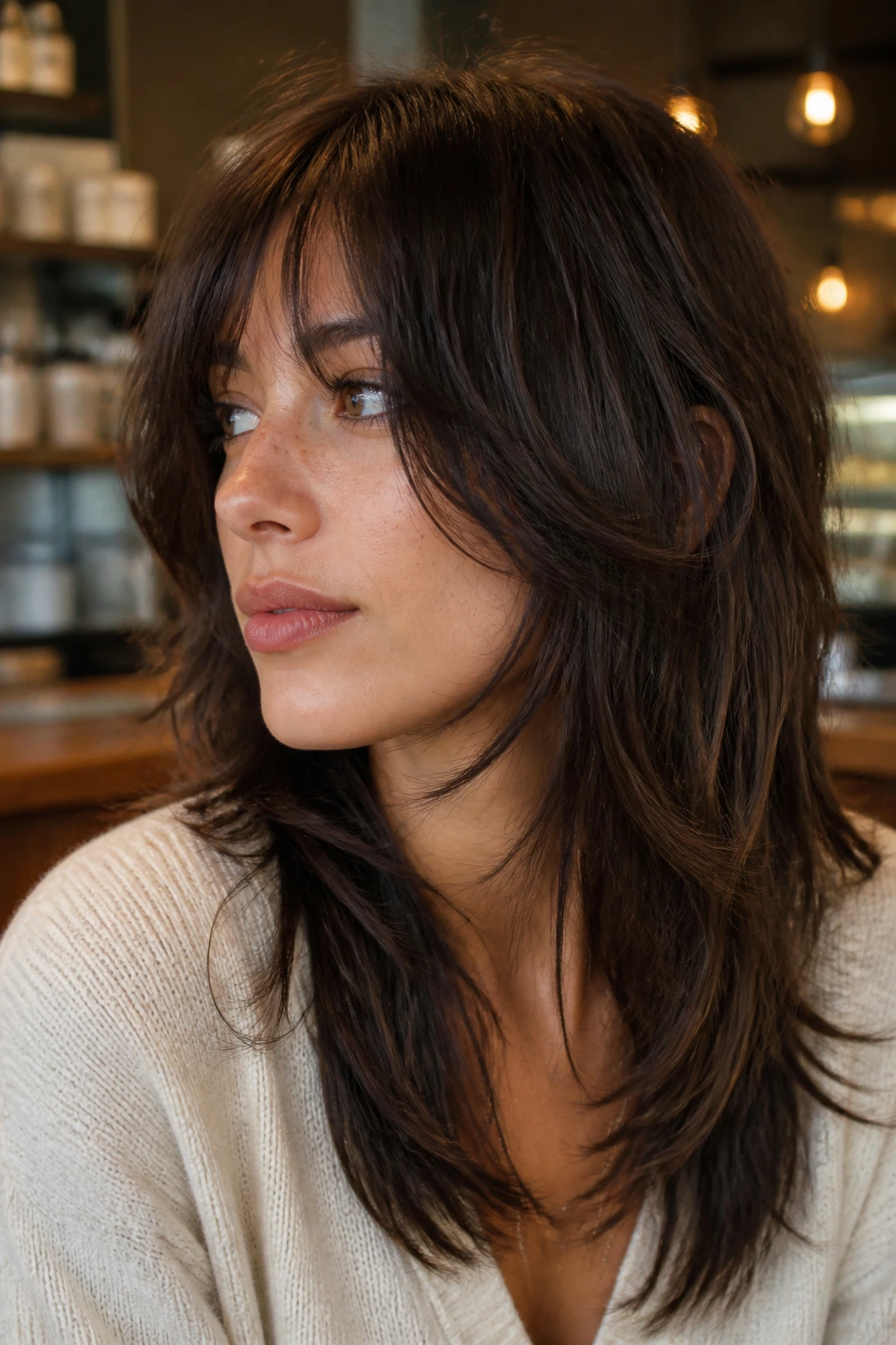 Close-up portrait of a real woman with cascading cheek-length shag bangs