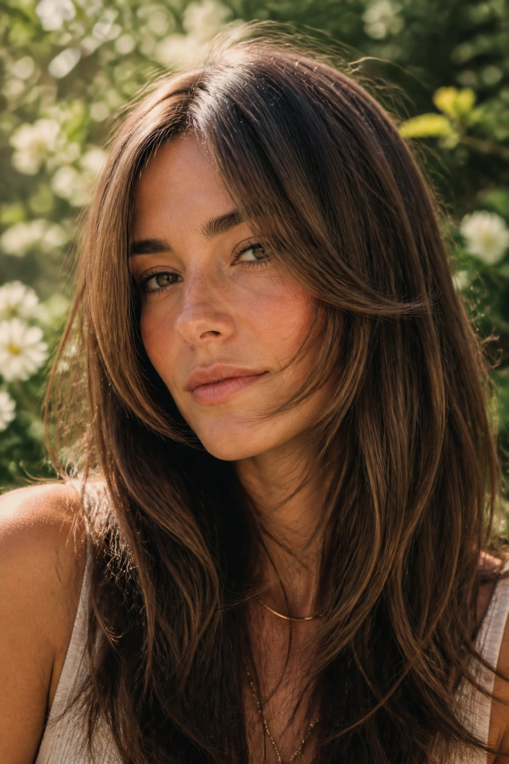 Close-up of a woman with ultra-long cheek-skimming sweeping bangs in sunny garden light