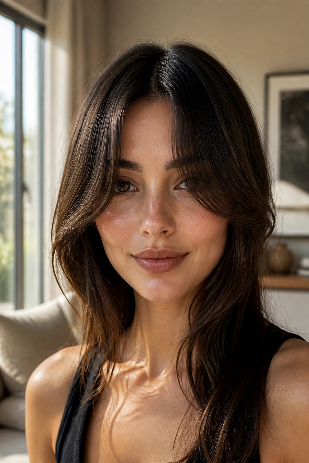 Close-up of real woman with split cheekbone grazing draped bangs