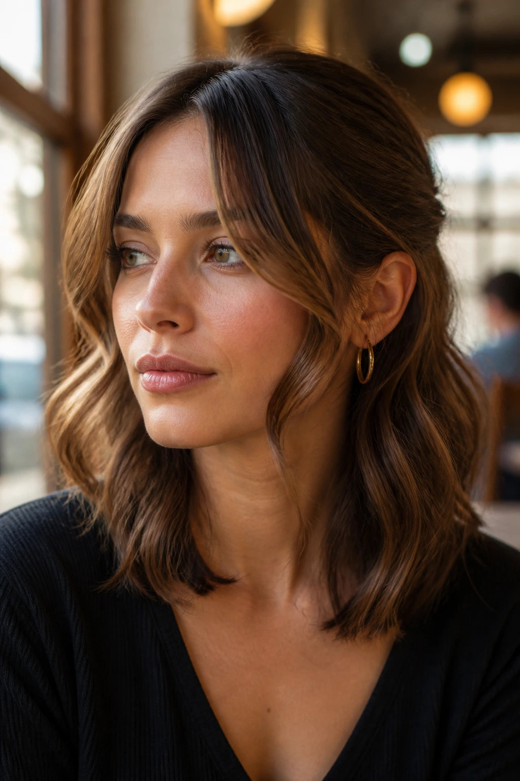 Close-up of real person with cheekbone-length bangs in soft S-waves
