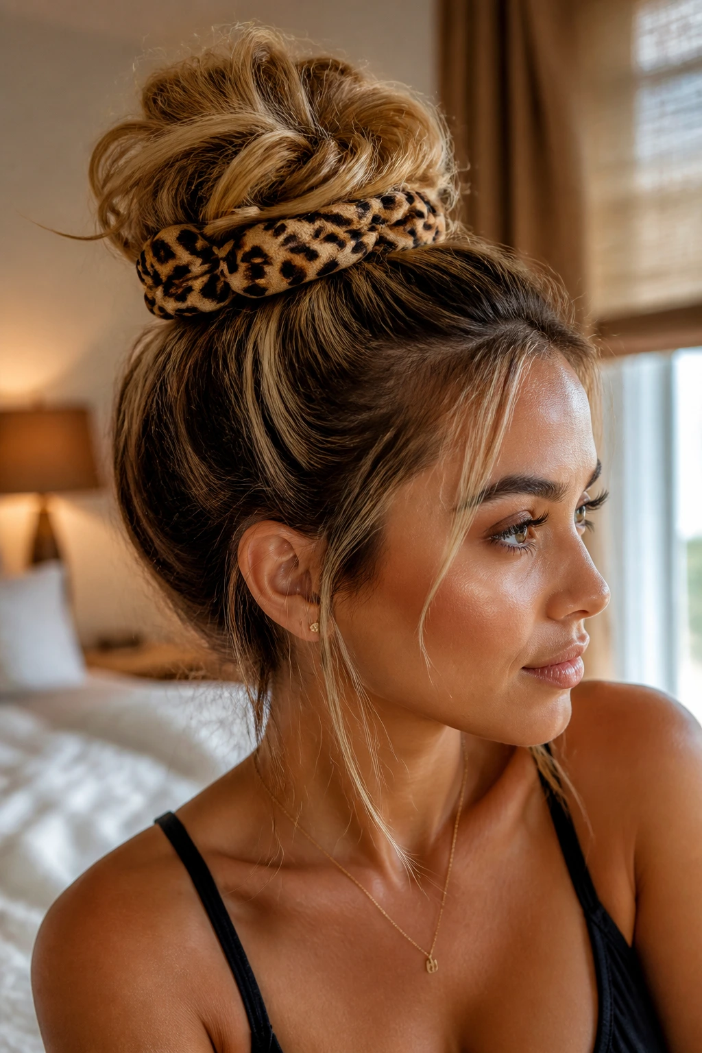 Real woman with a cheetah-print scrunchie tied into a high messy bun.