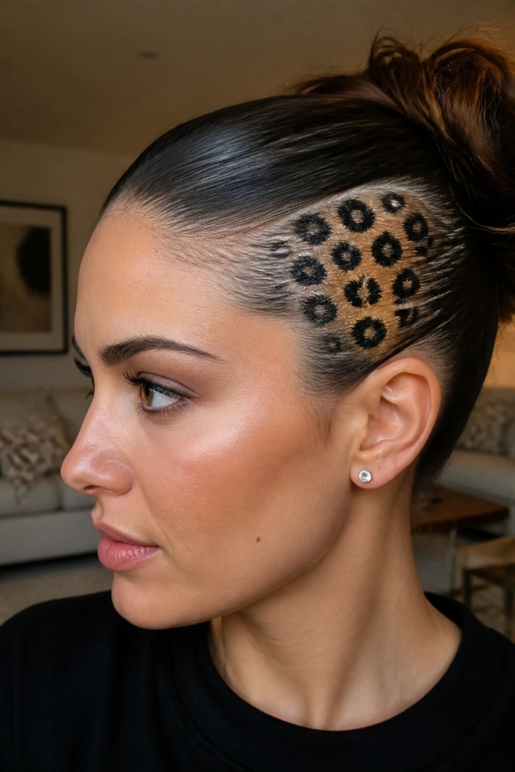 Close-up of cheetah-print stencil on a pulled-back hair section above the ear.
