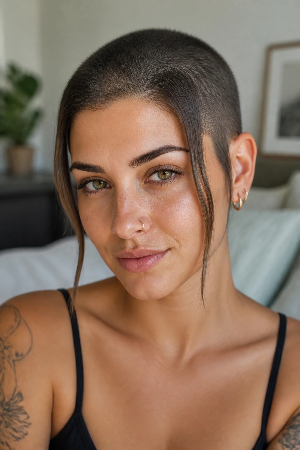 Close-up of Chelsea buzz with face-framing tendrils around the face