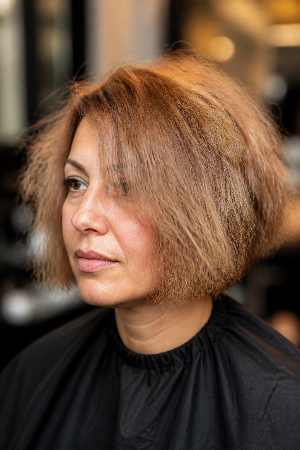 Portrait of a woman with an over-processed chemical bob showing frizzy hair