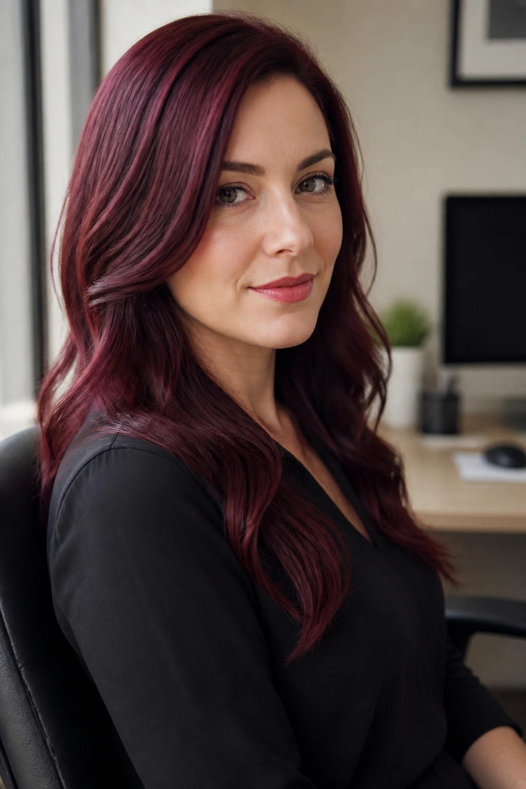 Close-up portrait of a real person with deep cherry-cola hair color in an office setting