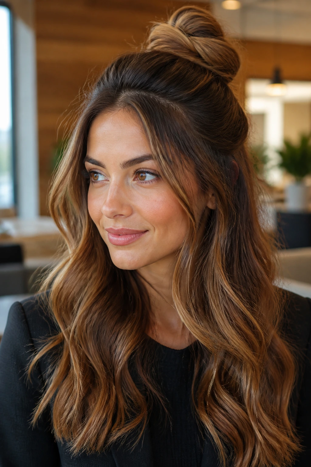 Woman with chestnut and salted caramel melt in a half-up bun in office