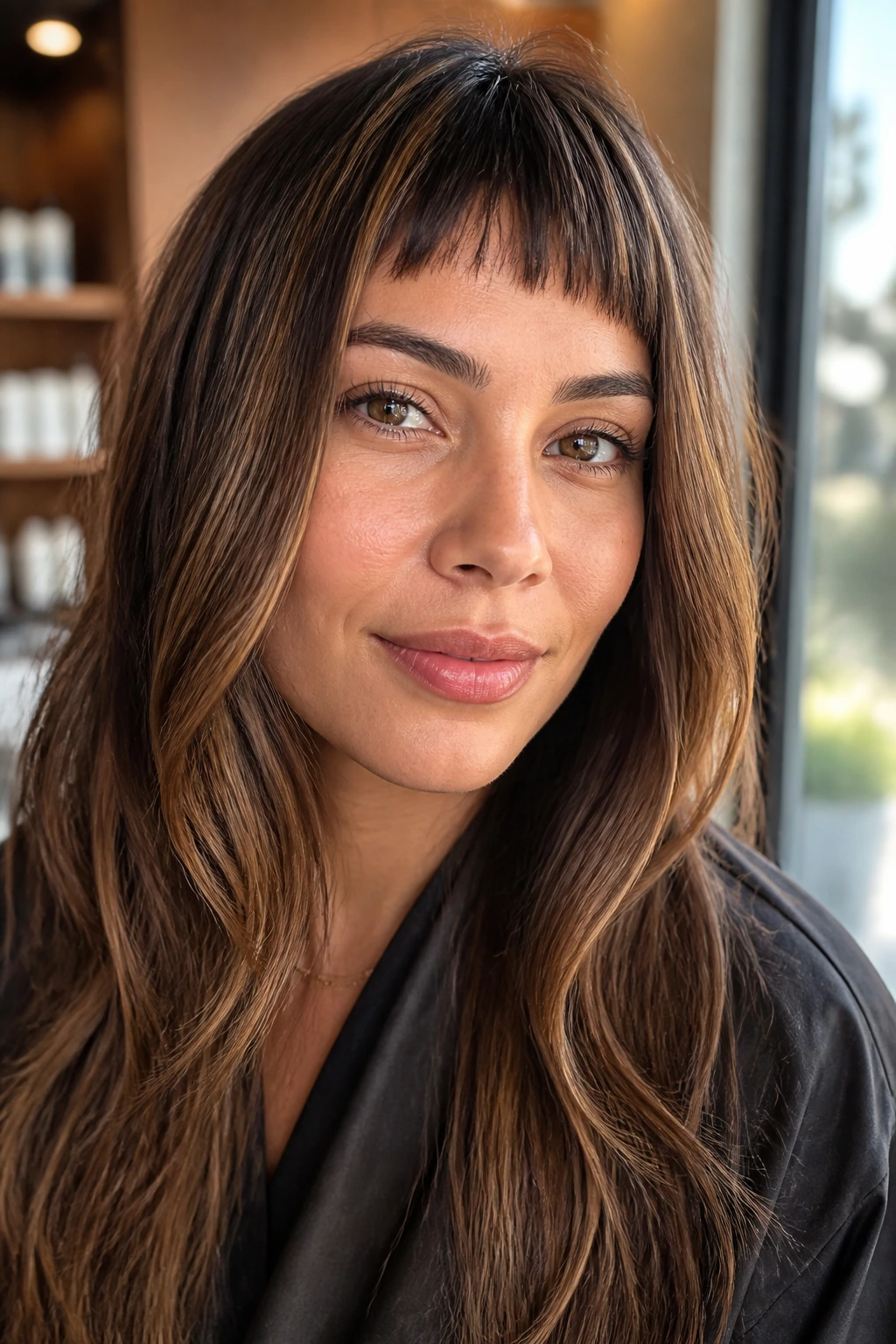 Close-up of a real woman's face with micro baby bangs and chestnut highlights framing her cheeks