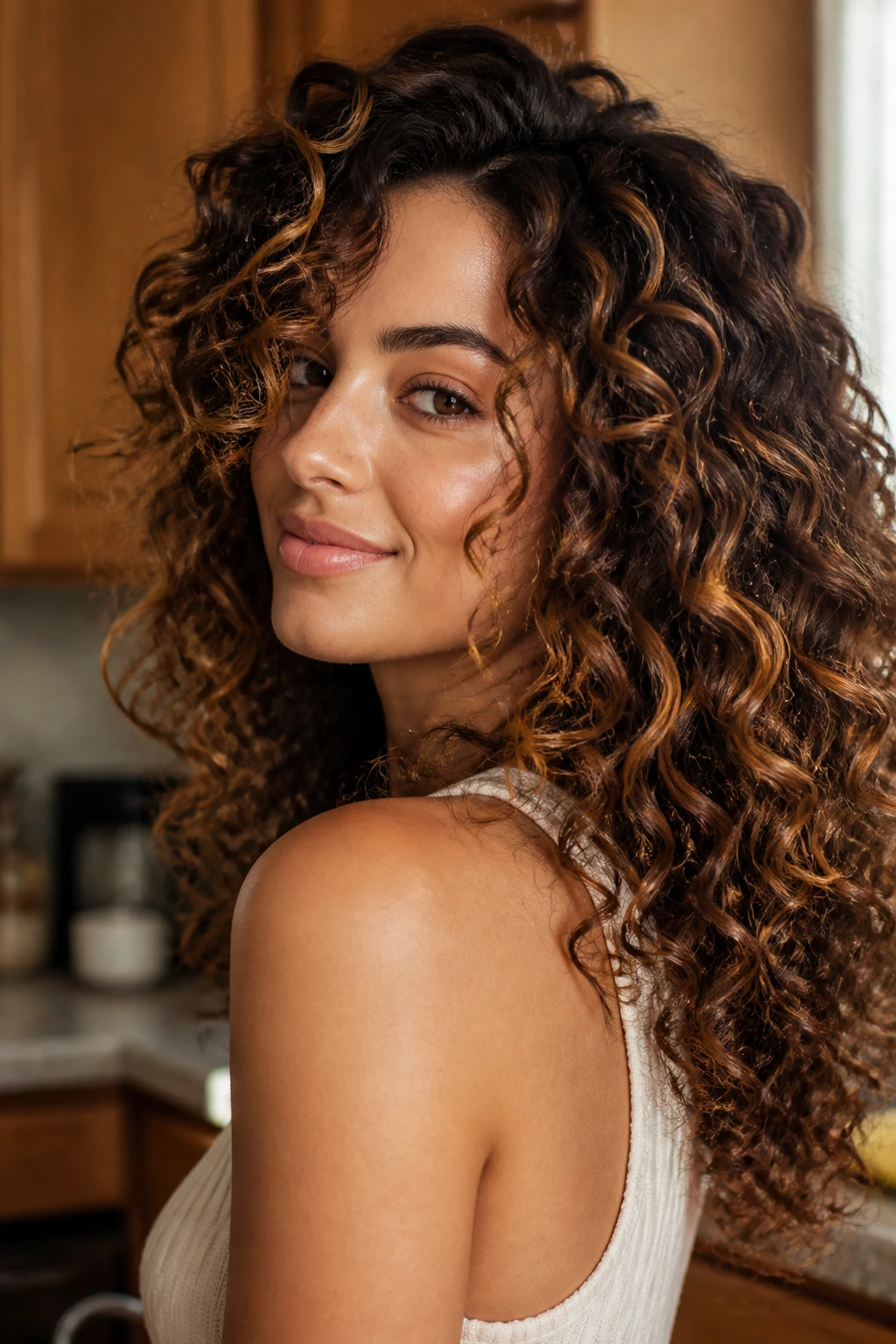 Close-up of a real person with chestnut and toffee marbling in dark curls.