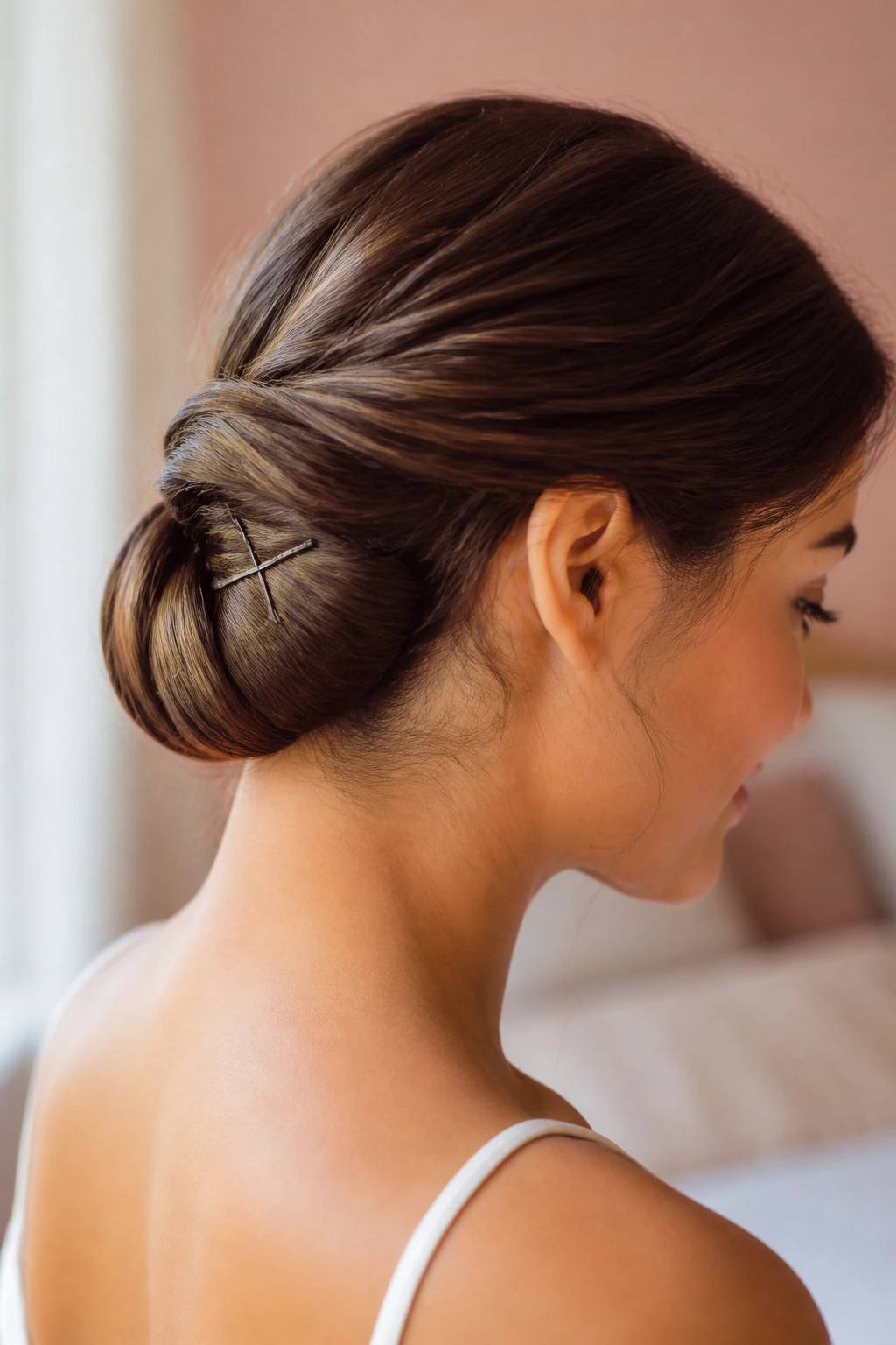 Close-up of a real woman showing a rolled chignon secured with bobby pins at the nape.