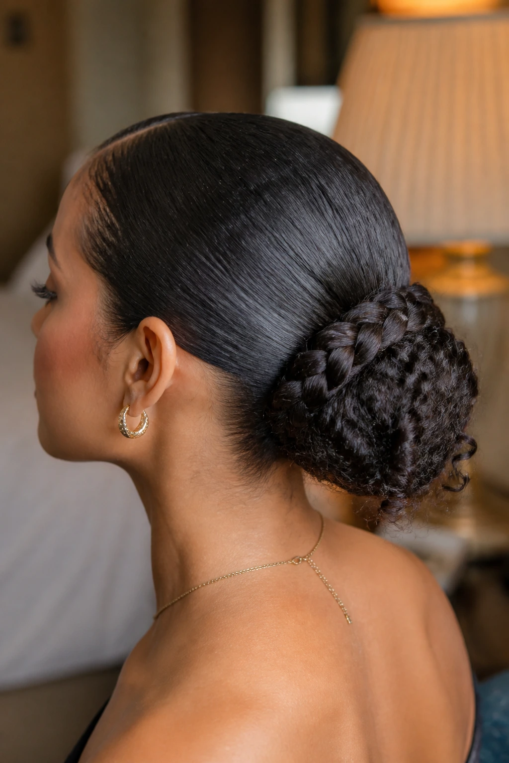 Close-up of a real woman with a wrapped chignon braid