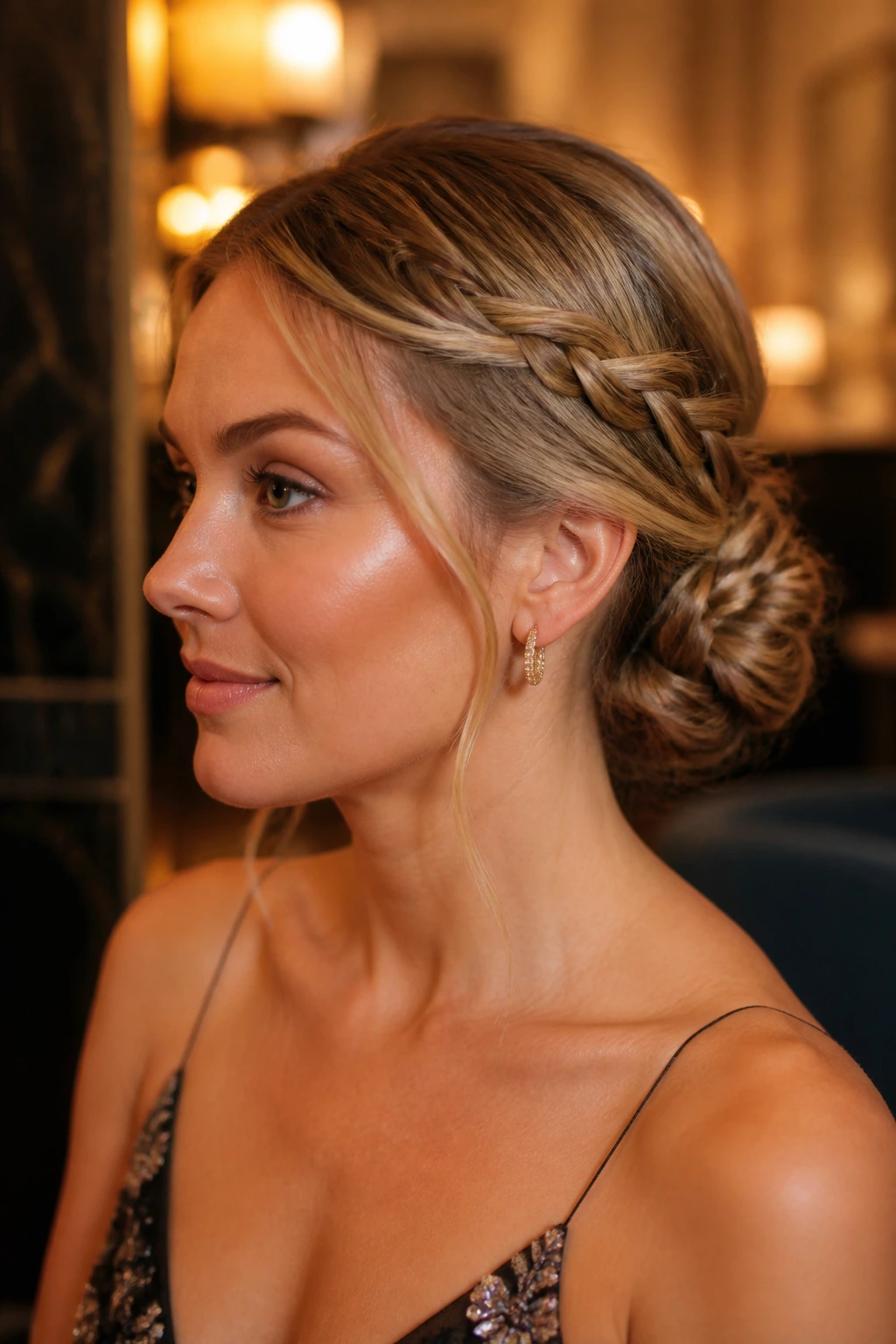 Real woman with an elegant chignon accented by side braids