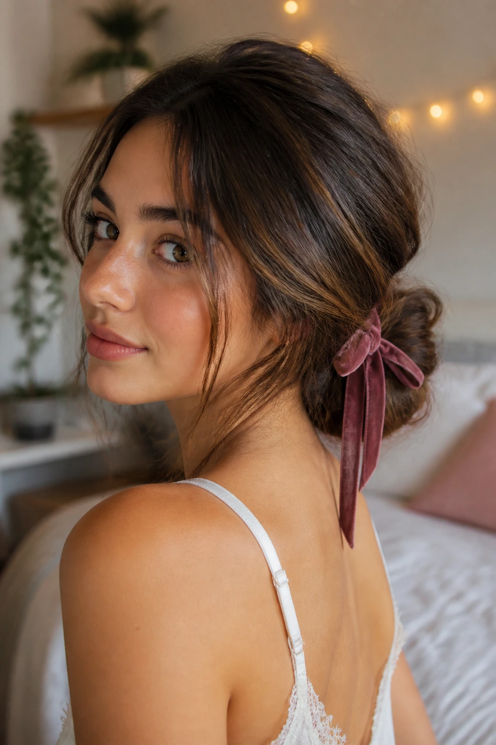 Close-up of a real woman wearing a low messy chignon with a ribbon