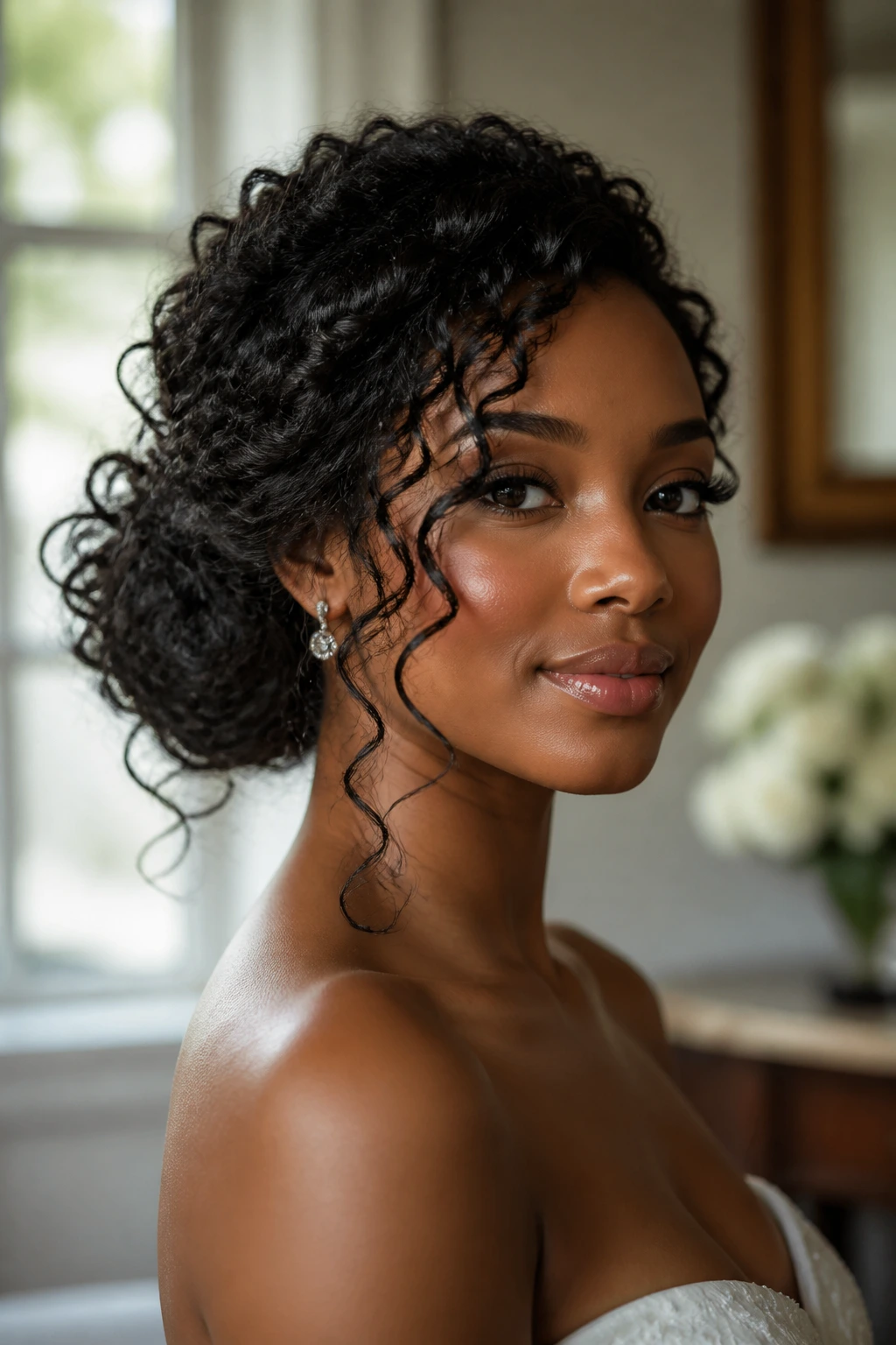 Portrait of a woman with a romantic side-swept chignon and loose tendrils.