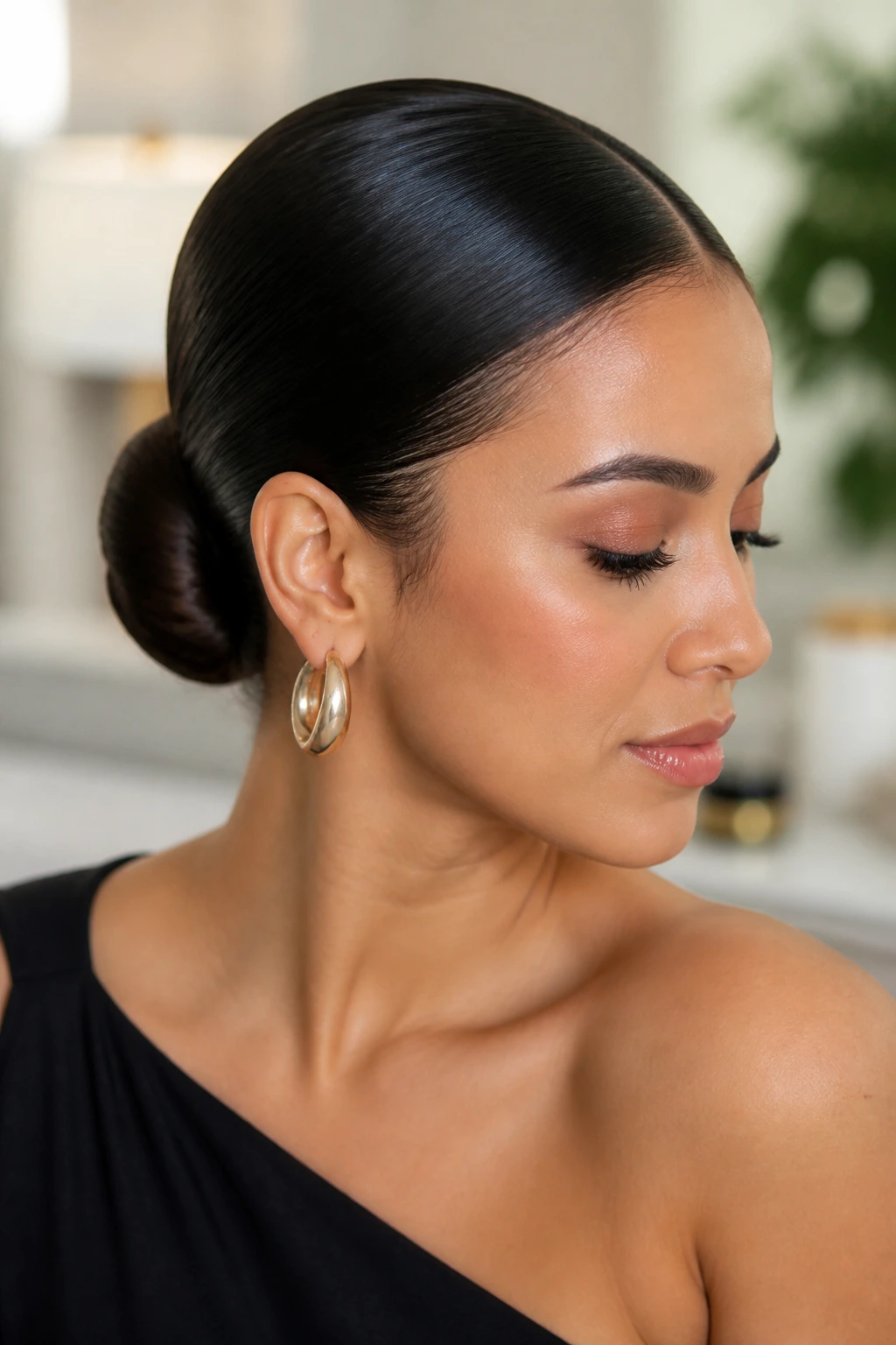 Close-up of Latina with sleek high-shine chignon