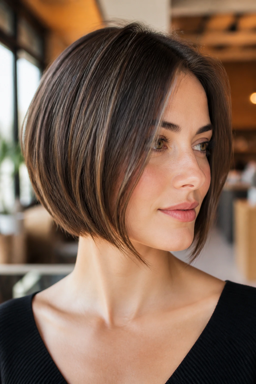 Real person with chin-length A-line bob and soft graduation.
